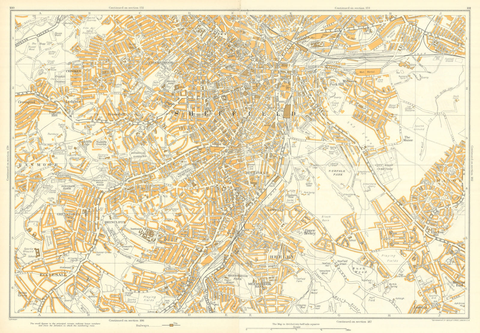 SHEFFIELD SOUTH vintage town city plan. Ecclesall Heeley. GEOGRAPHIA 1935 map